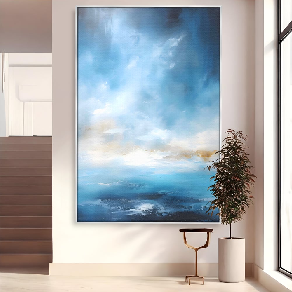 Tablou canvas cu tablou pictura abstracta cer si mare, in rama de aluminiu argintiu